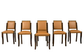 Set of 6 1930s French Art Deco Maple Dining Chairs in Tan Leather