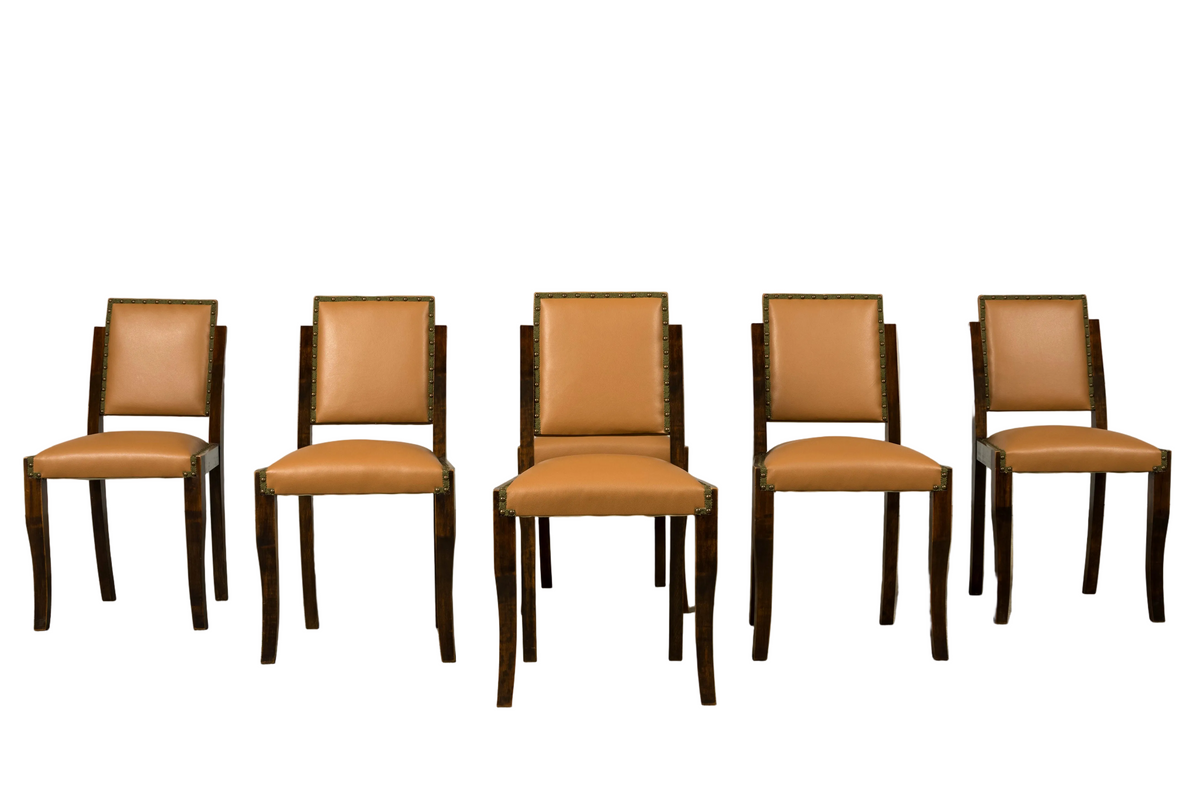 Set of 6 1930s French Art Deco Maple Dining Chairs in Tan Leather