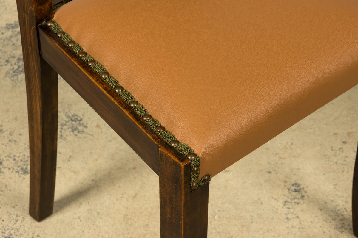 Set of 6 1930s French Art Deco Maple Dining Chairs in Tan Leather