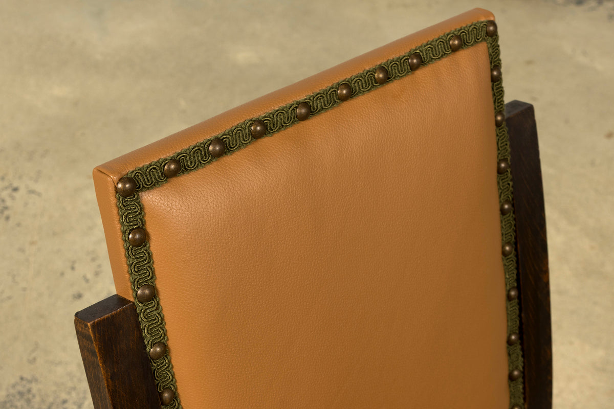 Set of 6 1930s French Art Deco Maple Dining Chairs in Tan Leather