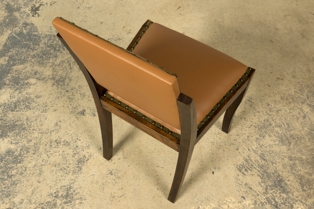 Set of 6 1930s French Art Deco Maple Dining Chairs in Tan Leather