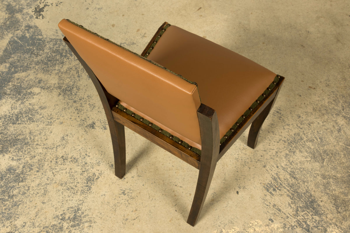 Set of 6 1930s French Art Deco Maple Dining Chairs in Tan Leather