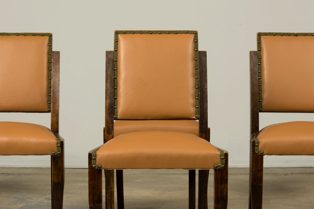 Set of 6 1930s French Art Deco Maple Dining Chairs in Tan Leather