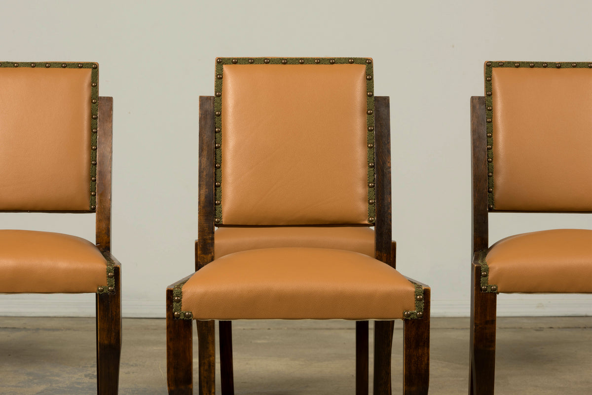 Set of 6 1930s French Art Deco Maple Dining Chairs in Tan Leather