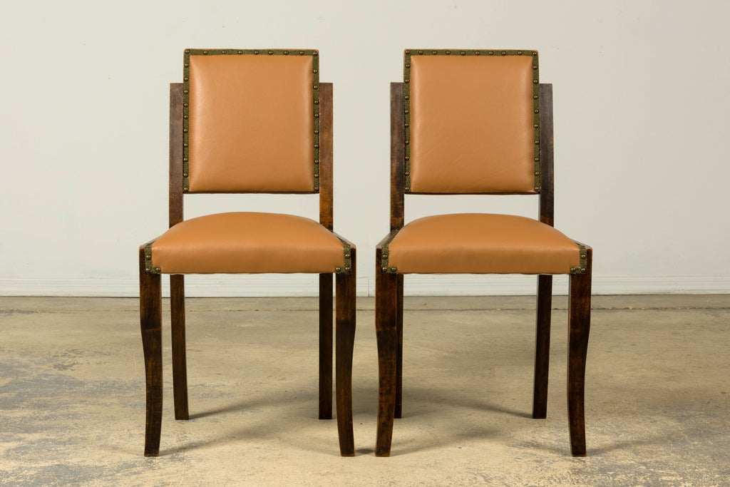 Set of 6 1930s French Art Deco Maple Dining Chairs in Tan Leather