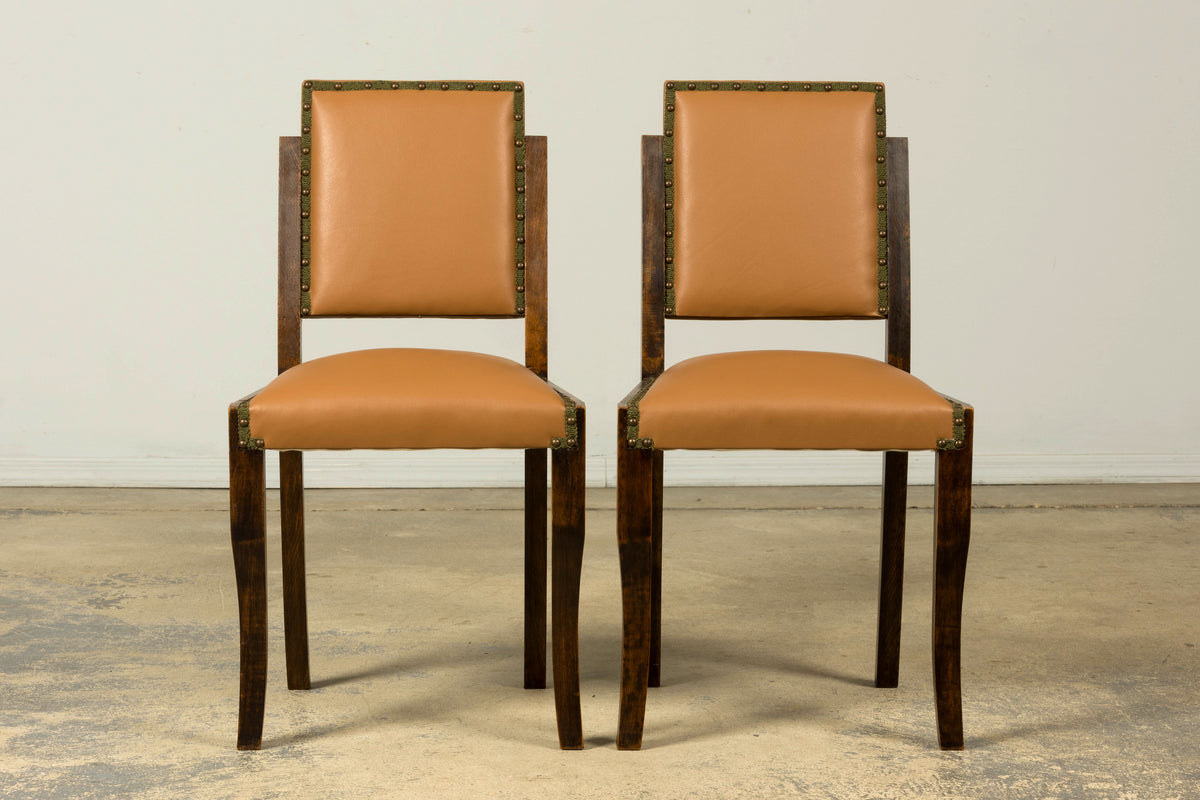 Set of 6 1930s French Art Deco Maple Dining Chairs in Tan Leather
