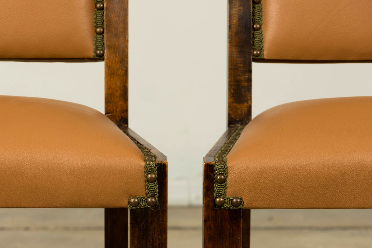 Set of 6 1930s French Art Deco Maple Dining Chairs in Tan Leather