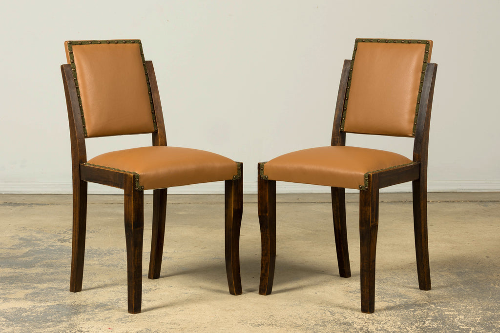 Set of 6 1930s French Art Deco Maple Dining Chairs in Tan Leather