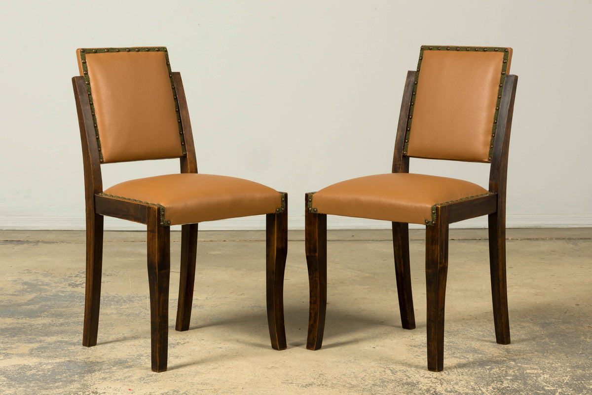 Set of 6 1930s French Art Deco Maple Dining Chairs in Tan Leather
