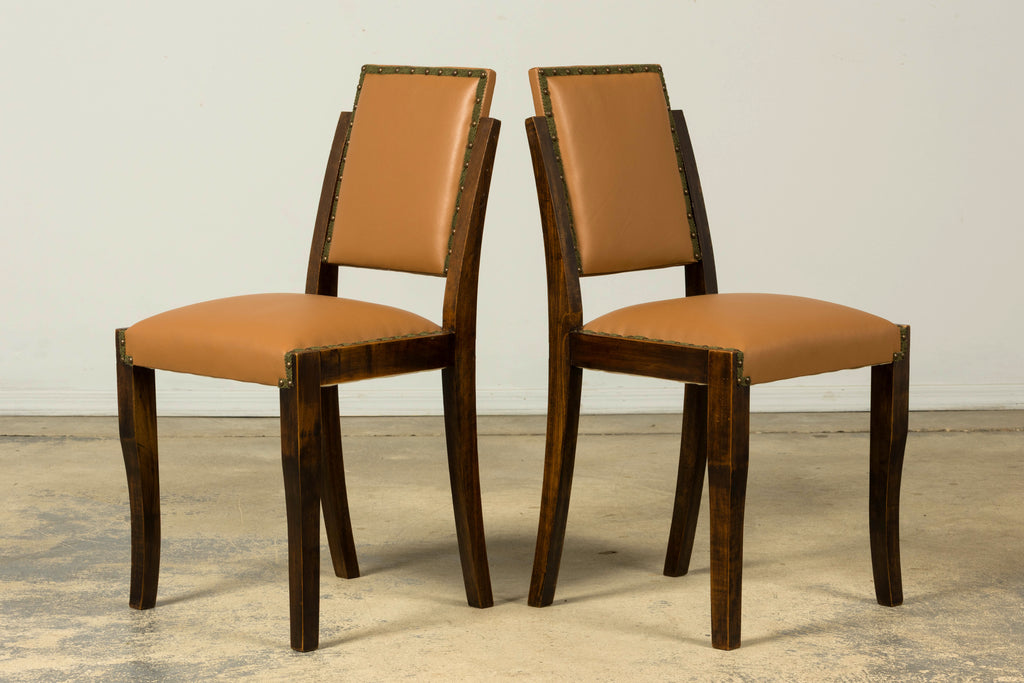 Set of 6 1930s French Art Deco Maple Dining Chairs in Tan Leather