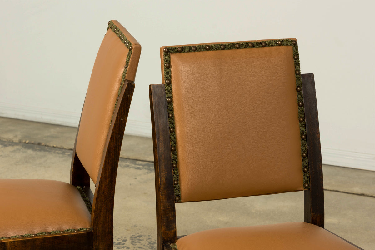 Set of 6 1930s French Art Deco Maple Dining Chairs in Tan Leather