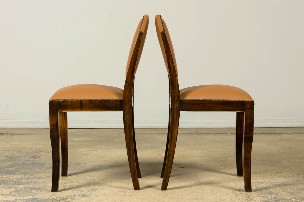 Set of 6 1930s French Art Deco Maple Dining Chairs in Tan Leather