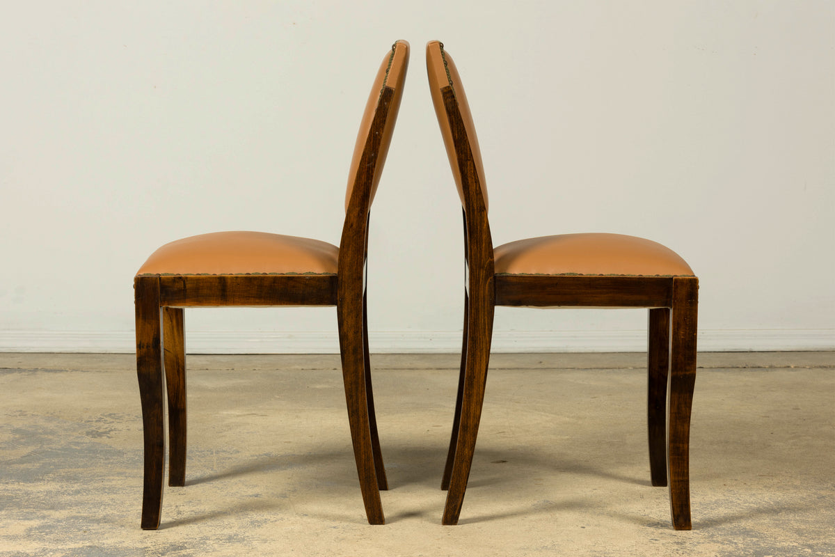 Set of 6 1930s French Art Deco Maple Dining Chairs in Tan Leather