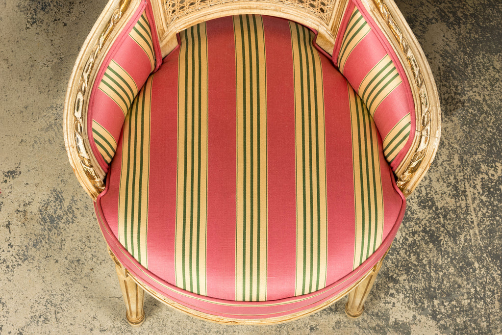 Set of 6 Early 20th Century French Louis XVI Cane Dining Armchairs in Pink Stripe