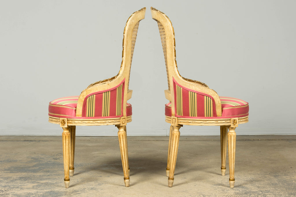 Set of 6 Early 20th Century French Louis XVI Cane Dining Armchairs in Pink Stripe