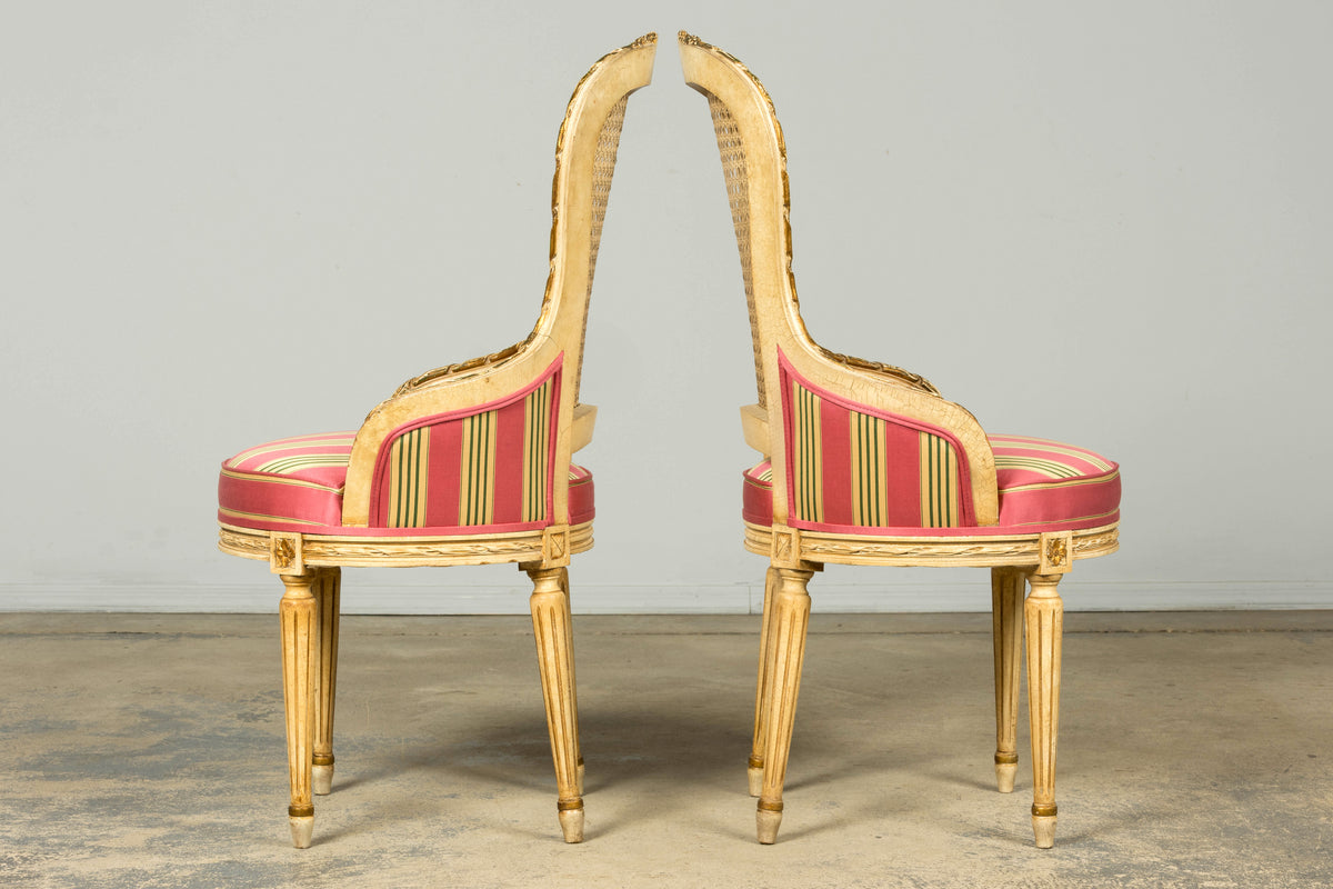 Set of 6 Early 20th Century French Louis XVI Cane Dining Armchairs in Pink Stripe