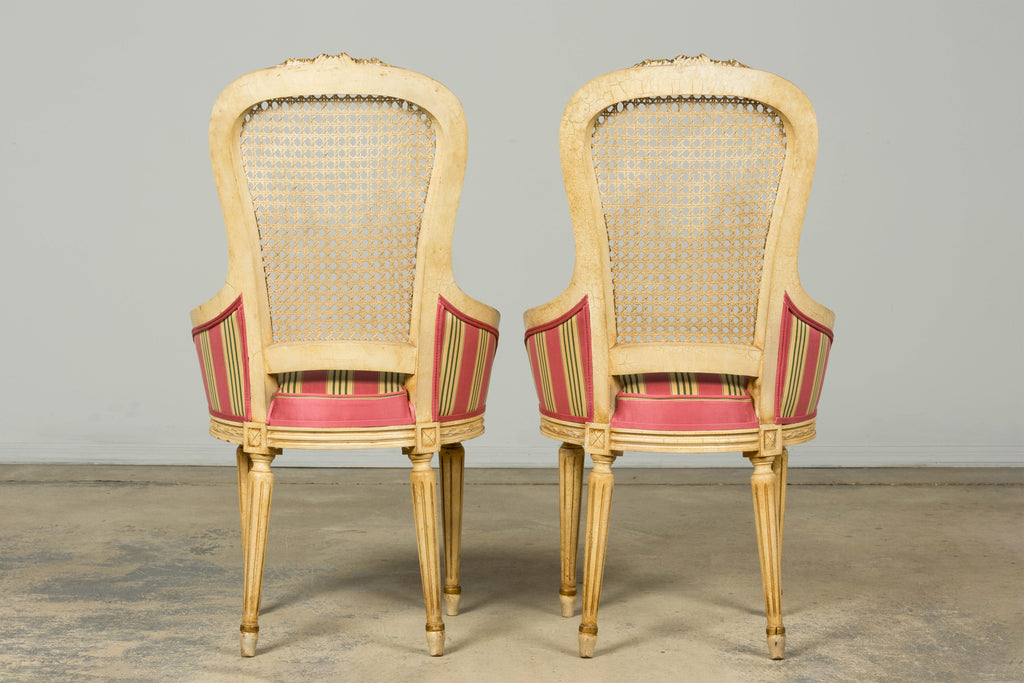 Set of 6 Early 20th Century French Louis XVI Cane Dining Armchairs in Pink Stripe