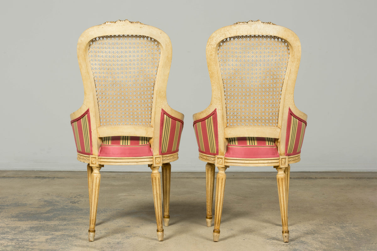 Set of 6 Early 20th Century French Louis XVI Cane Dining Armchairs in Pink Stripe
