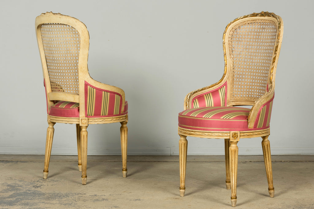 Set of 6 Early 20th Century French Louis XVI Cane Dining Armchairs in Pink Stripe