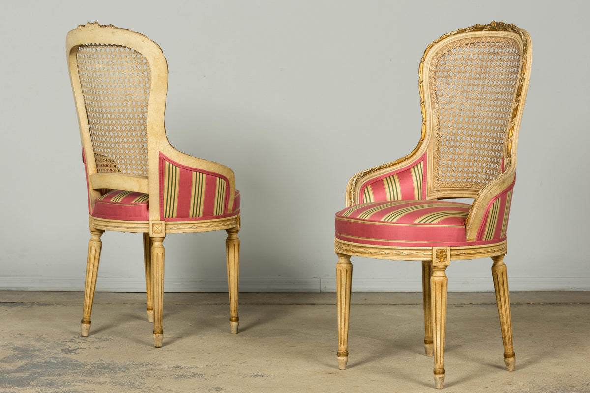 Set of 6 Early 20th Century French Louis XVI Cane Dining Armchairs in Pink Stripe