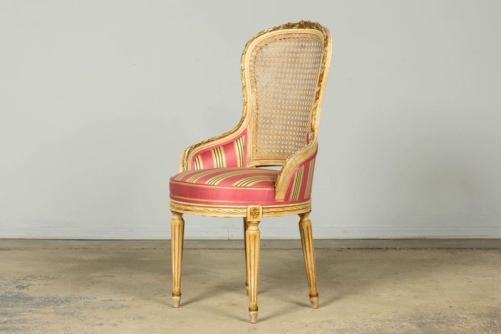 Set of 6 Early 20th Century French Louis XVI Cane Dining Armchairs in Pink Stripe