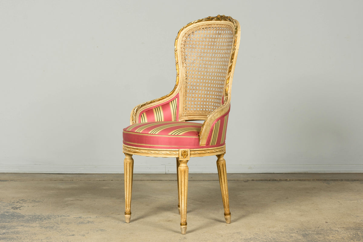 Set of 6 Early 20th Century French Louis XVI Cane Dining Armchairs in Pink Stripe