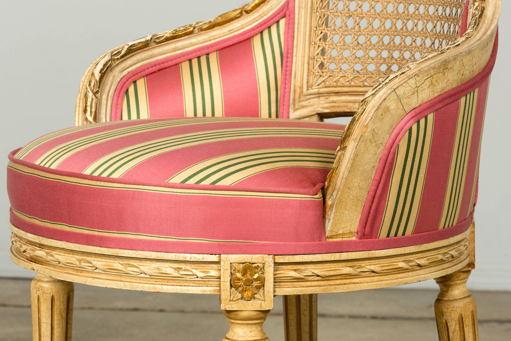 Set of 6 Early 20th Century French Louis XVI Cane Dining Armchairs in Pink Stripe