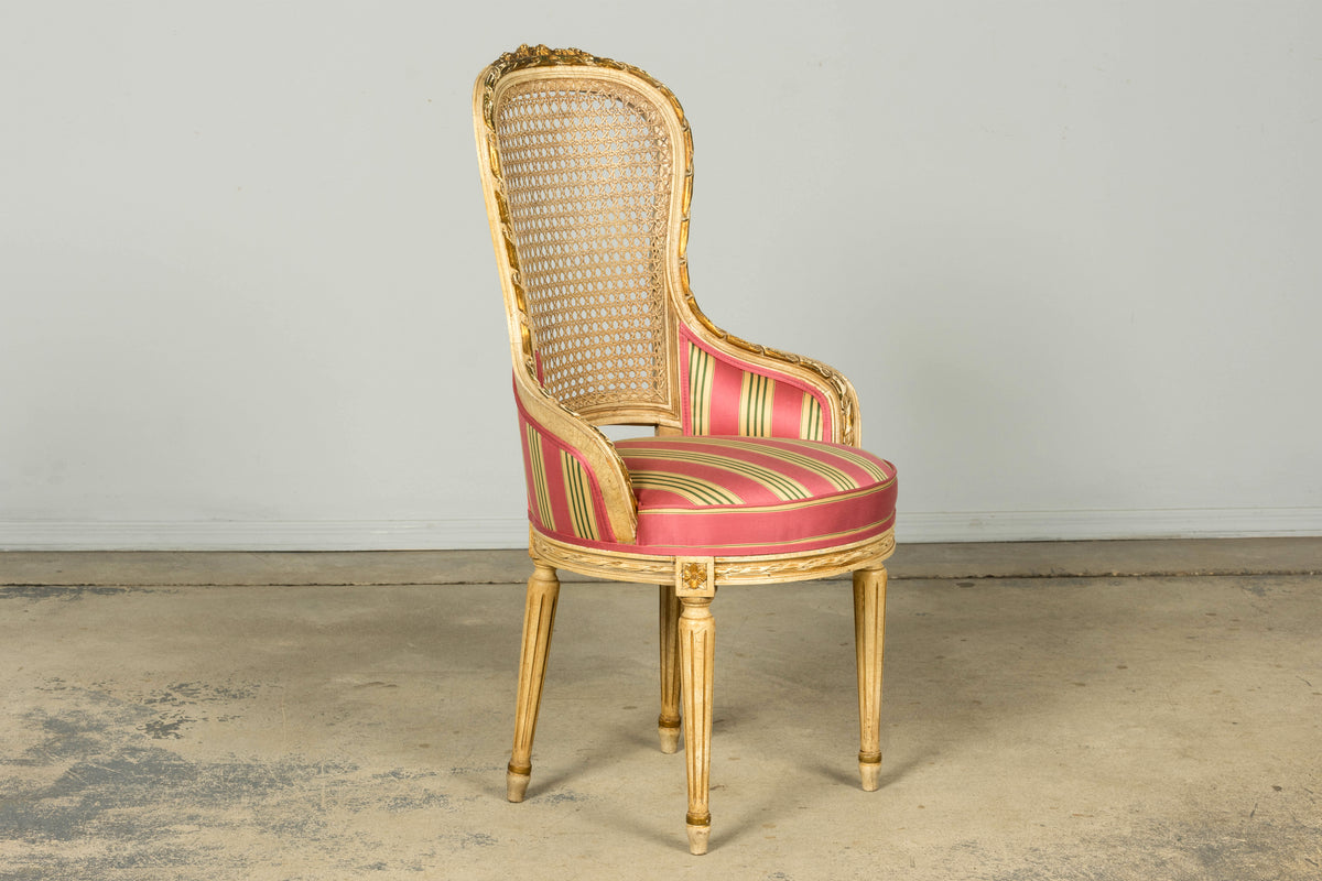 Set of 6 Early 20th Century French Louis XVI Cane Dining Armchairs in Pink Stripe