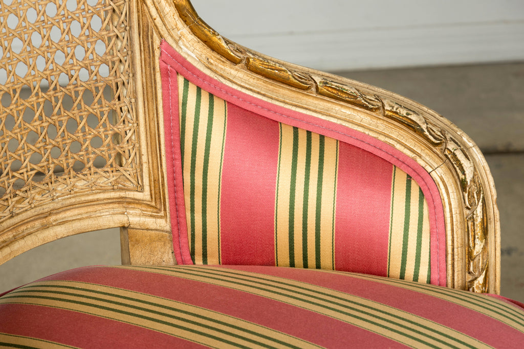 Set of 6 Early 20th Century French Louis XVI Cane Dining Armchairs in Pink Stripe