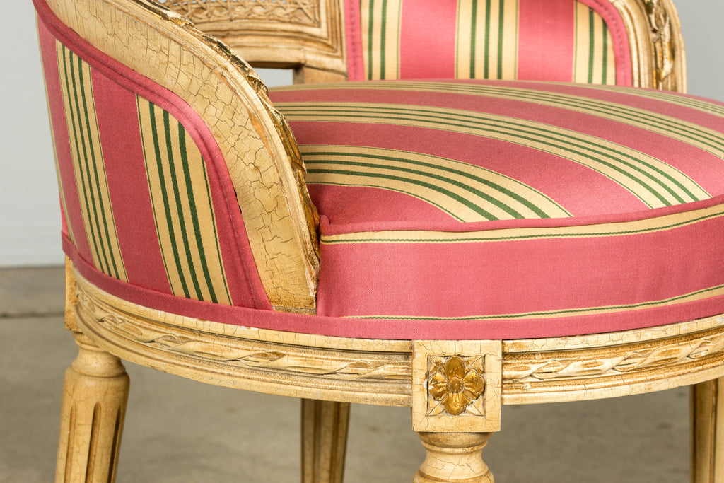 Set of 6 Early 20th Century French Louis XVI Cane Dining Armchairs in Pink Stripe