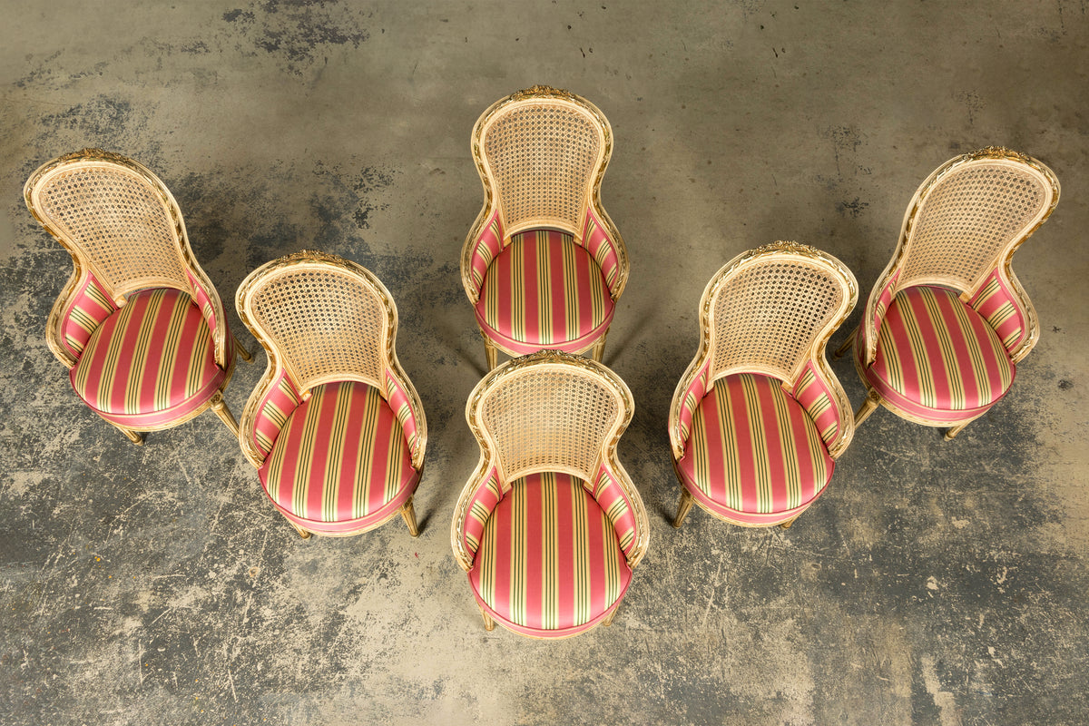 Set of 6 Early 20th Century French Louis XVI Cane Dining Armchairs in Pink Stripe