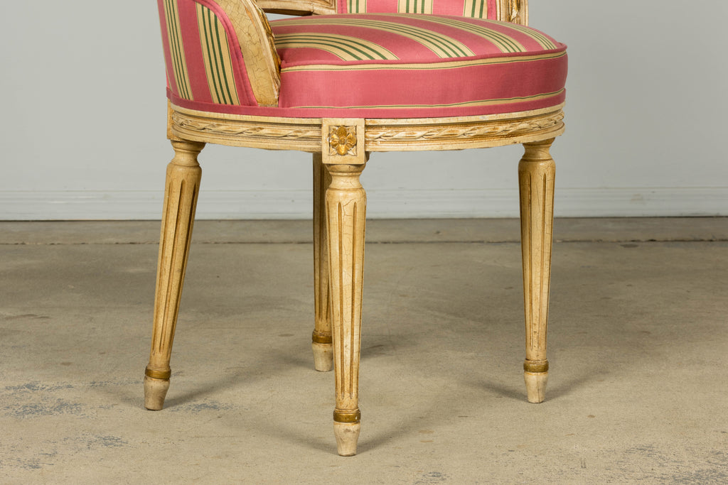 Set of 6 Early 20th Century French Louis XVI Cane Dining Armchairs in Pink Stripe