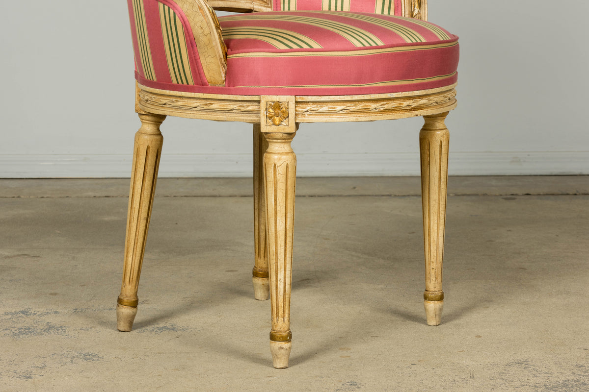 Set of 6 Early 20th Century French Louis XVI Cane Dining Armchairs in Pink Stripe