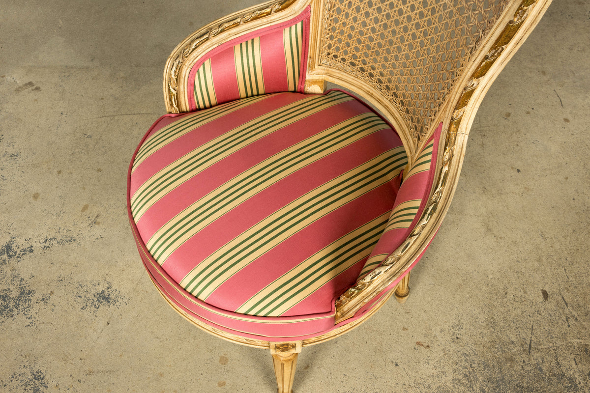 Set of 6 Early 20th Century French Louis XVI Cane Dining Armchairs in Pink Stripe