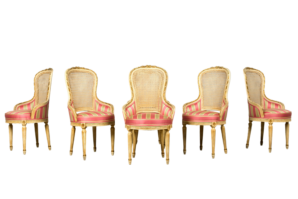 Set of 6 Early 20th Century French Louis XVI Cane Dining Armchairs in Pink Stripe