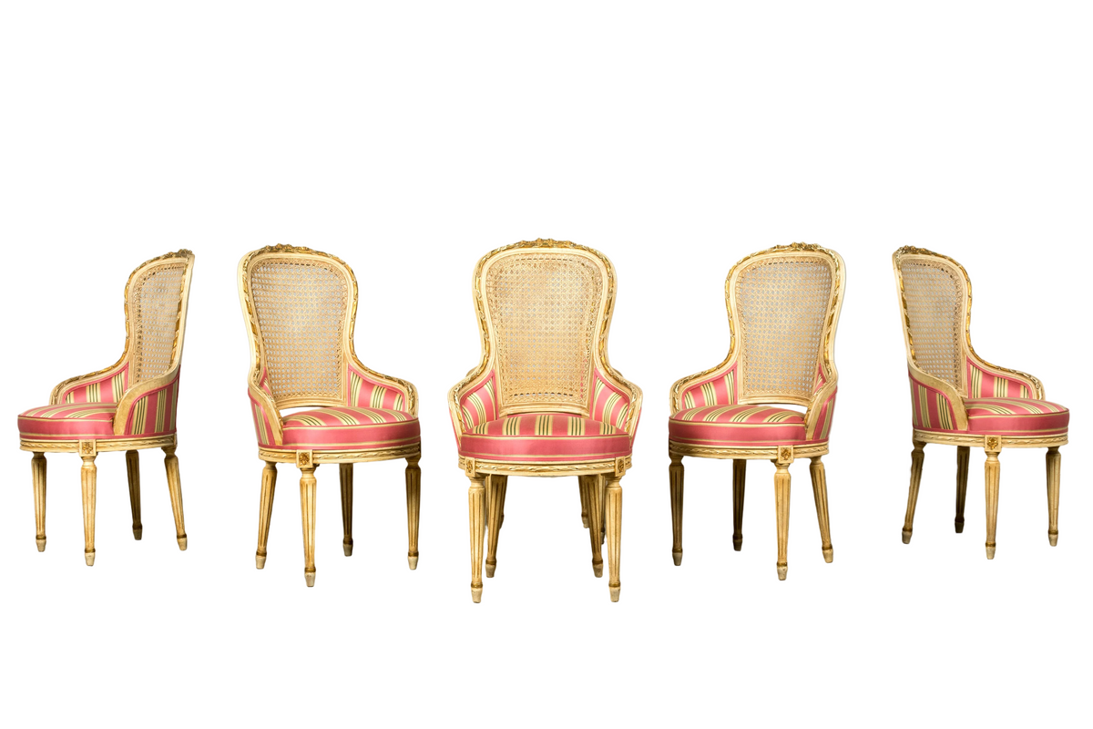 Set of 6 Early 20th Century French Louis XVI Cane Dining Armchairs in Pink Stripe