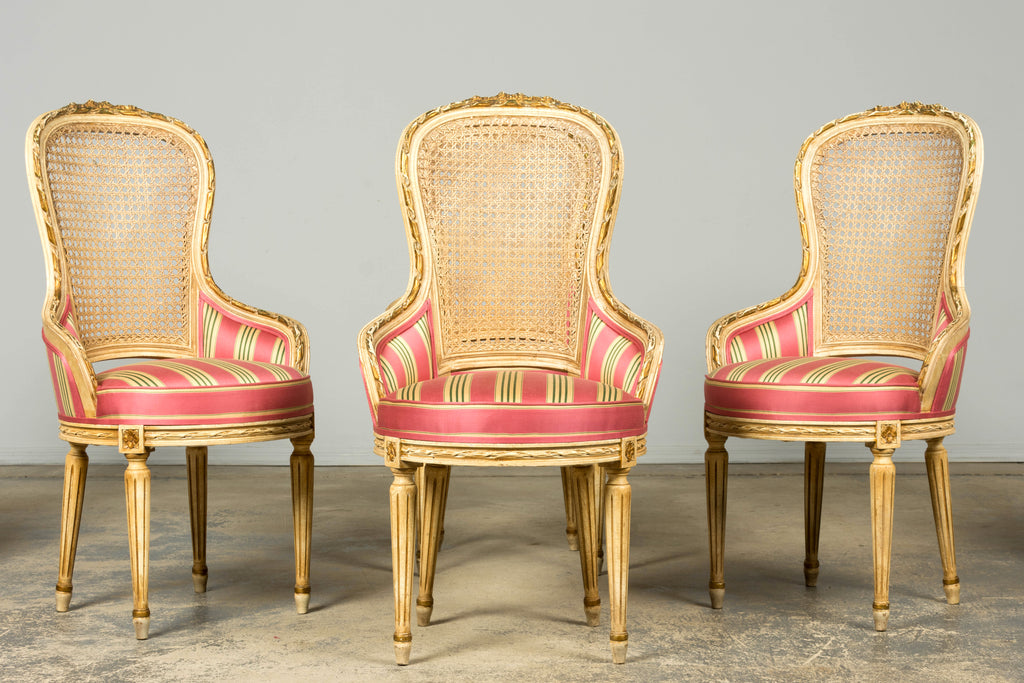 Set of 6 Early 20th Century French Louis XVI Cane Dining Armchairs in Pink Stripe
