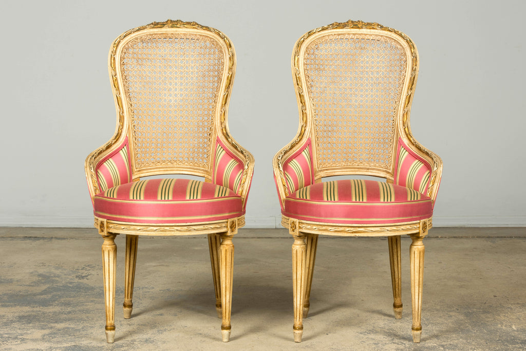 Set of 6 Early 20th Century French Louis XVI Cane Dining Armchairs in Pink Stripe