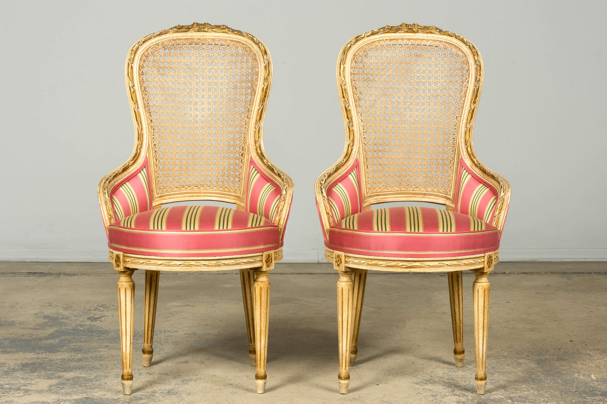 Set of 6 Early 20th Century French Louis XVI Cane Dining Armchairs in Pink Stripe