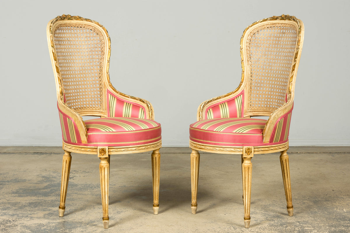 Set of 6 Early 20th Century French Louis XVI Cane Dining Armchairs in Pink Stripe
