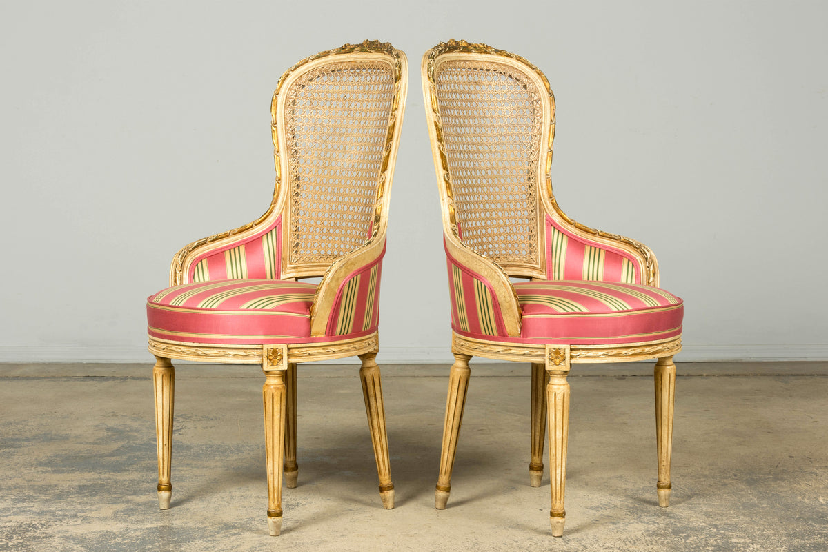 Set of 6 Early 20th Century French Louis XVI Cane Dining Armchairs in Pink Stripe