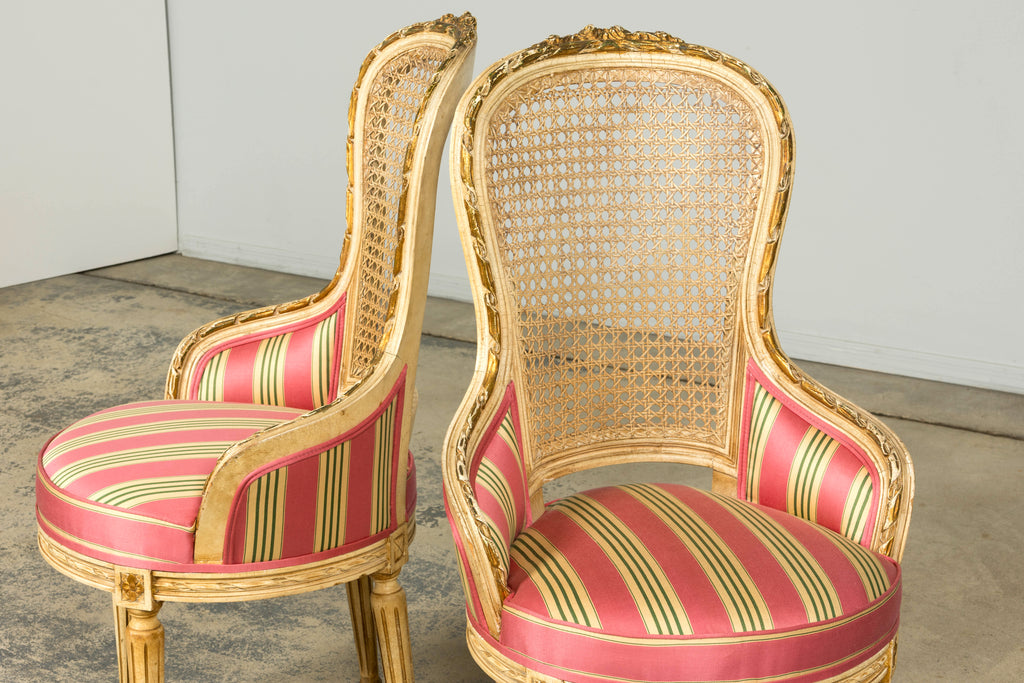 Set of 6 Early 20th Century French Louis XVI Cane Dining Armchairs in Pink Stripe