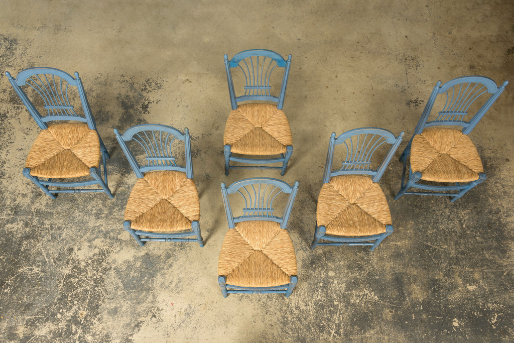 Set of 6 Early 20th Century French Louis XVI Style Painted Rush Dining Chairs