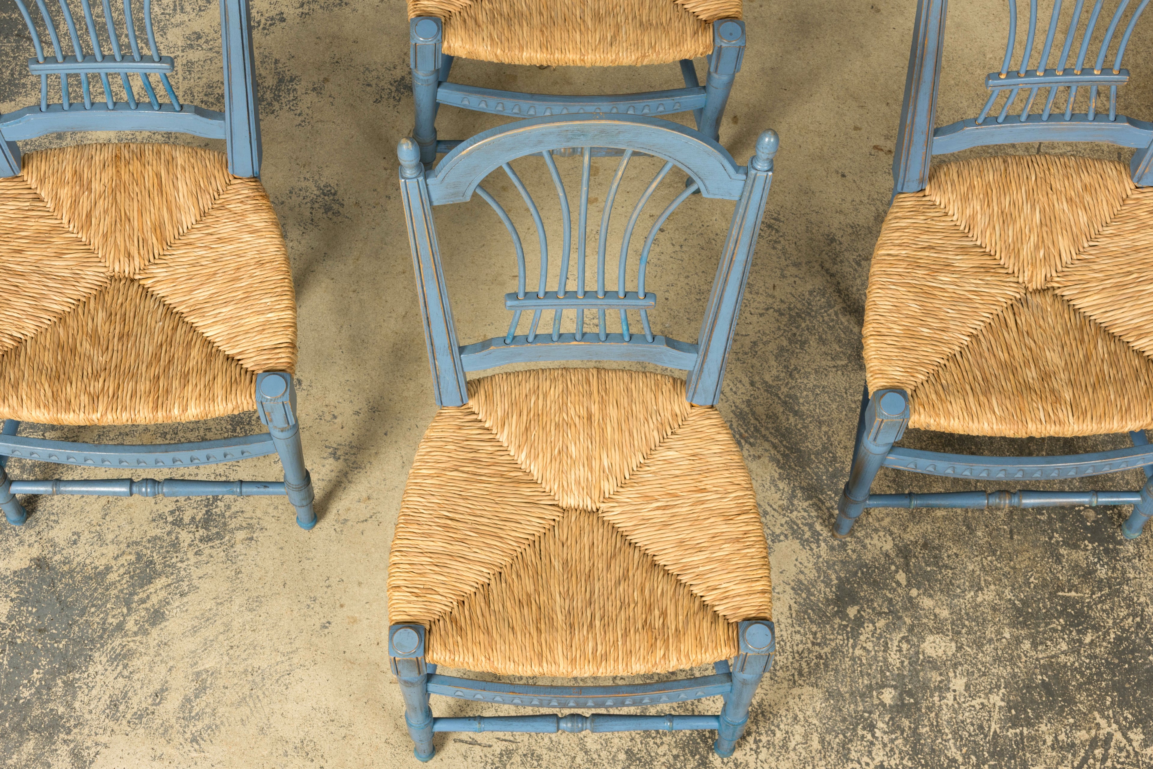 Set of 6 Early 20th Century French Louis XVI Style Painted Rush Dining Chairs
