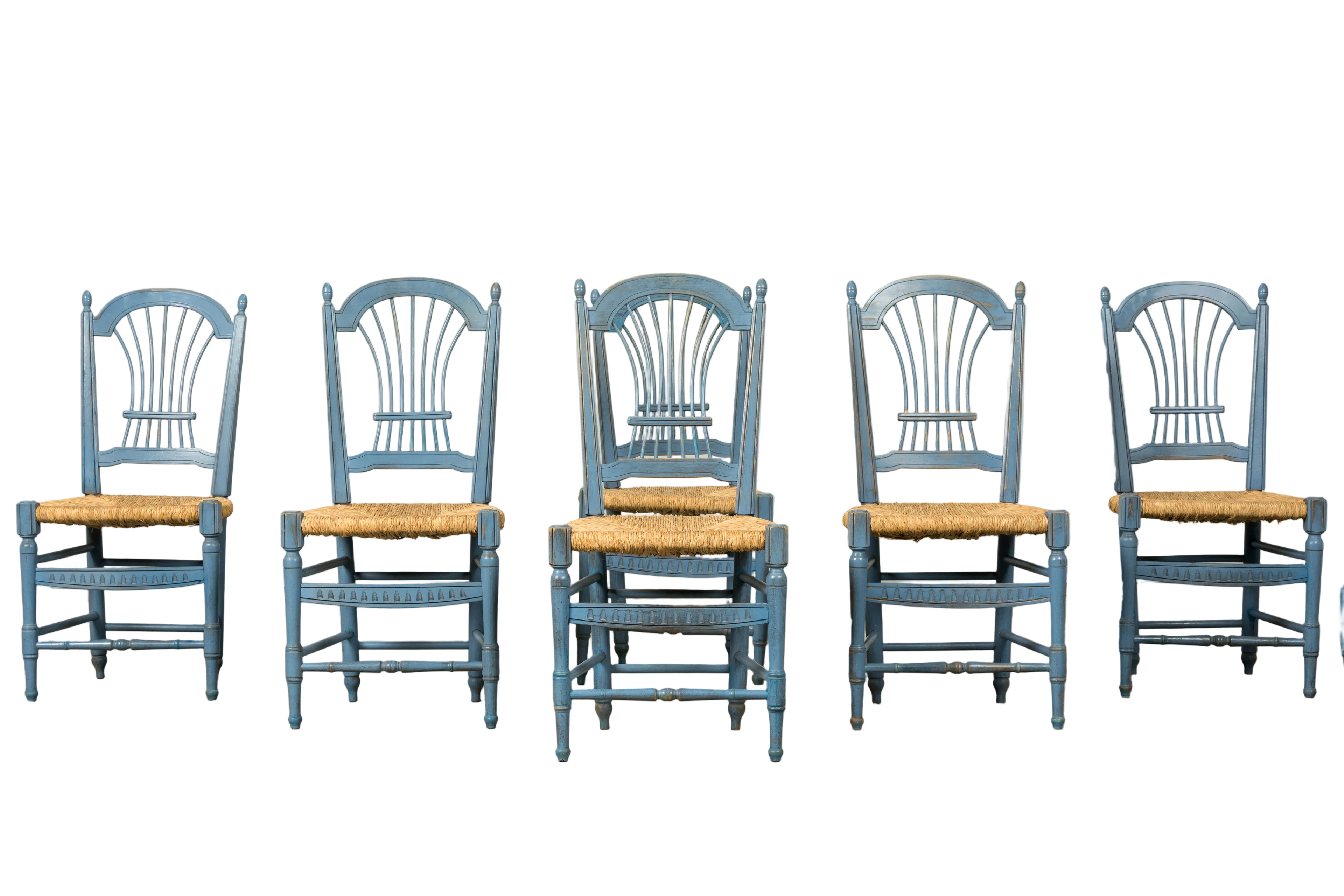 Set of 6 Early 20th Century French Louis XVI Style Painted Rush Dining Chairs