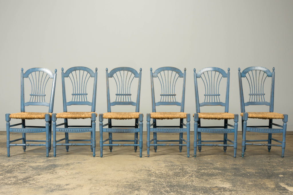 Set of 6 Early 20th Century French Louis XVI Style Painted Rush Dining Chairs