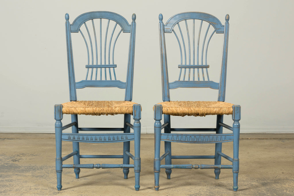 Set of 6 Early 20th Century French Louis XVI Style Painted Rush Dining Chairs