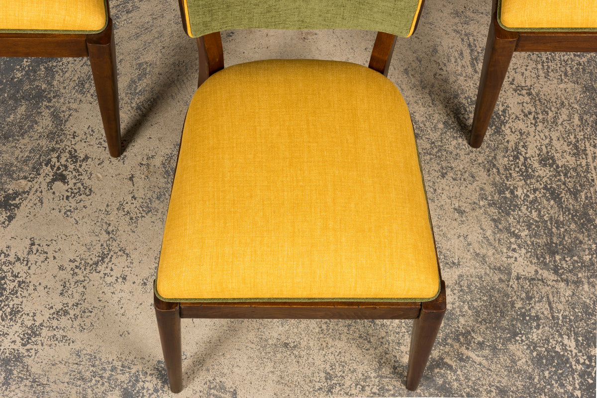 Set of 6 French Art Deco Maple Dining Chairs in Yellow and Moss Green, 1930s