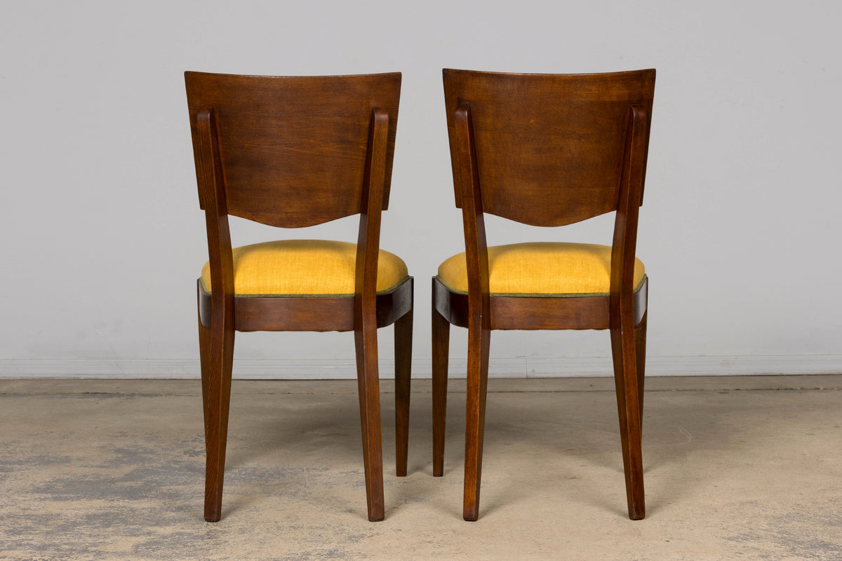 Set of 6 French Art Deco Maple Dining Chairs in Yellow and Moss Green, 1930s