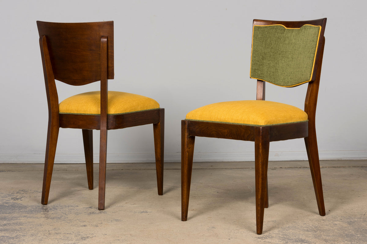 Set of 6 French Art Deco Maple Dining Chairs in Yellow and Moss Green, 1930s